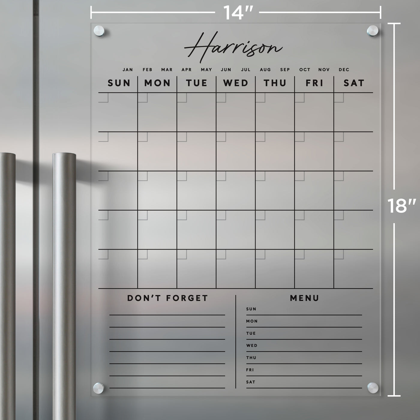 Acrylic Calendar for fridge | Custom Family Name with customizable bottom sections