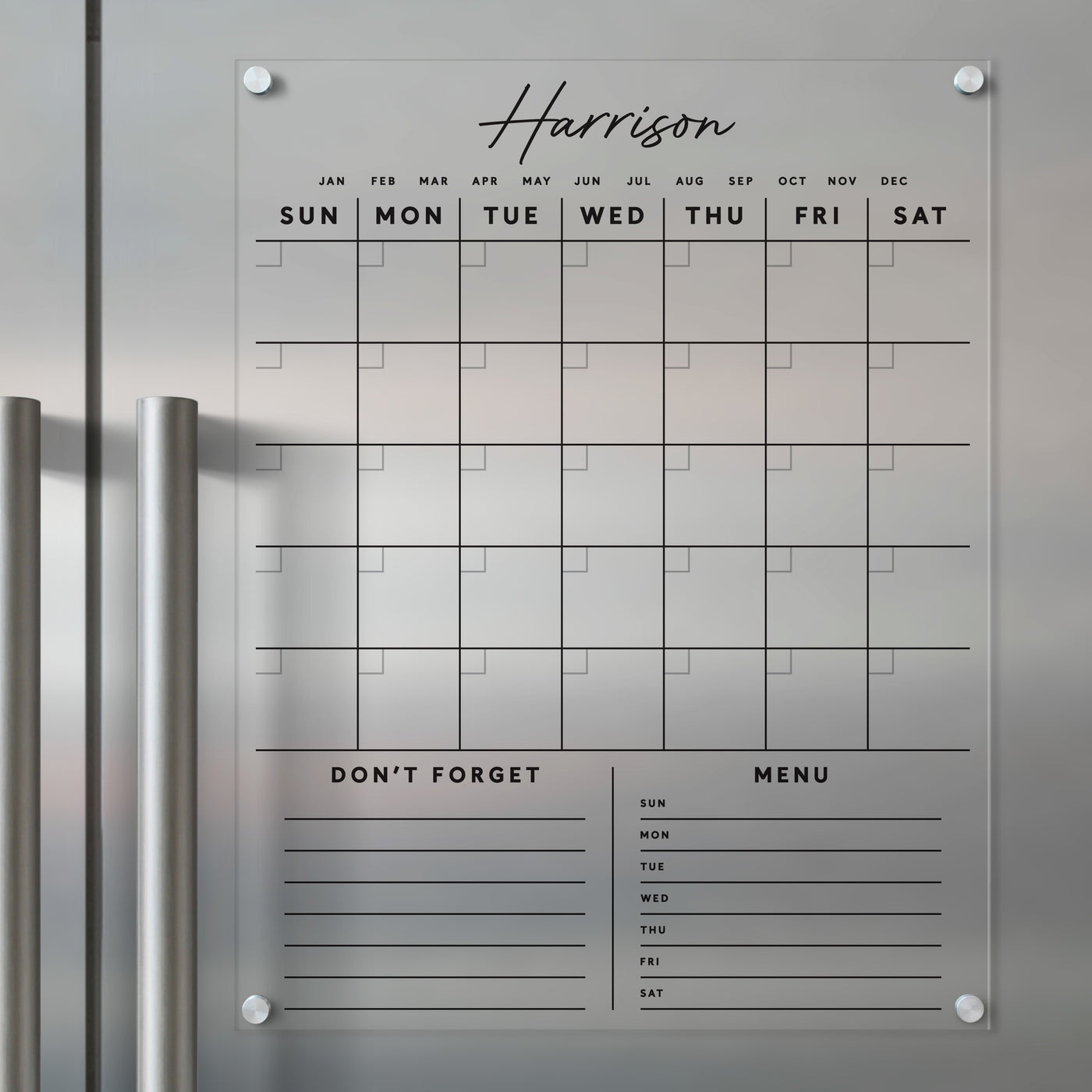 Acrylic Calendar for fridge | Custom Family Name with customizable bottom sections