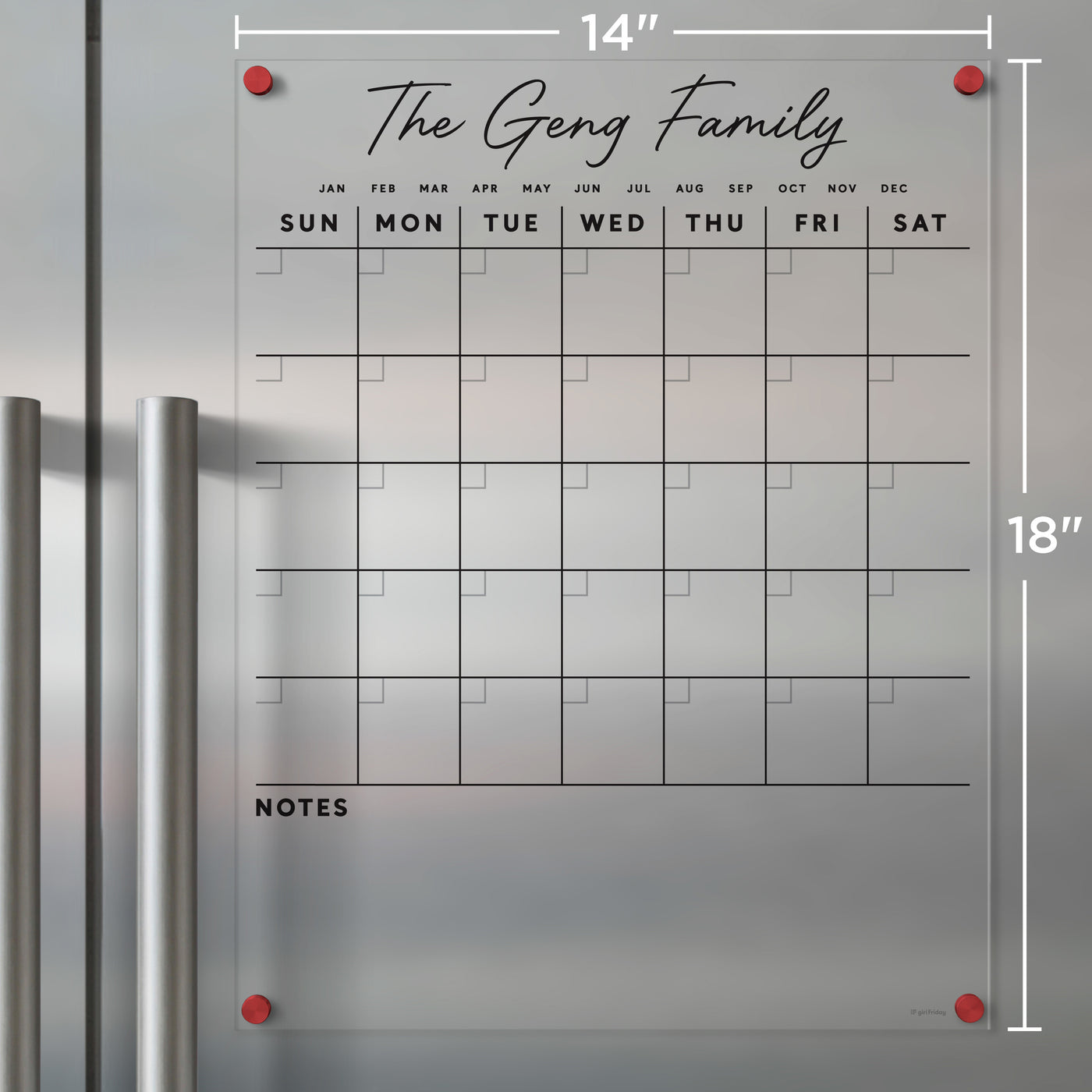 Acrylic Fridge Calendar with Custom Family Name Black Text