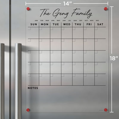 Acrylic Fridge Calendar with Custom Family Name Black Text