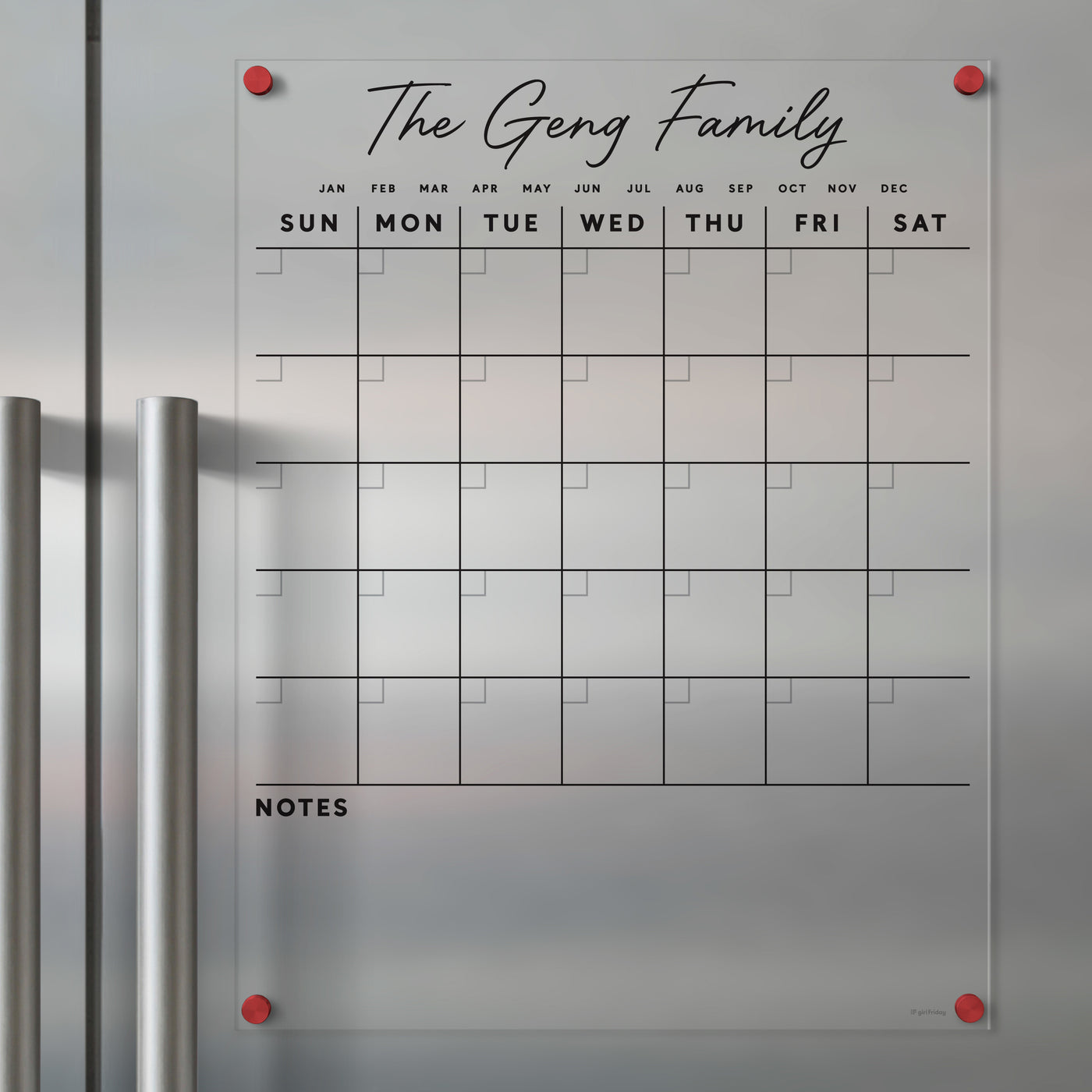 Acrylic Fridge Calendar with Custom Family Name Black Text