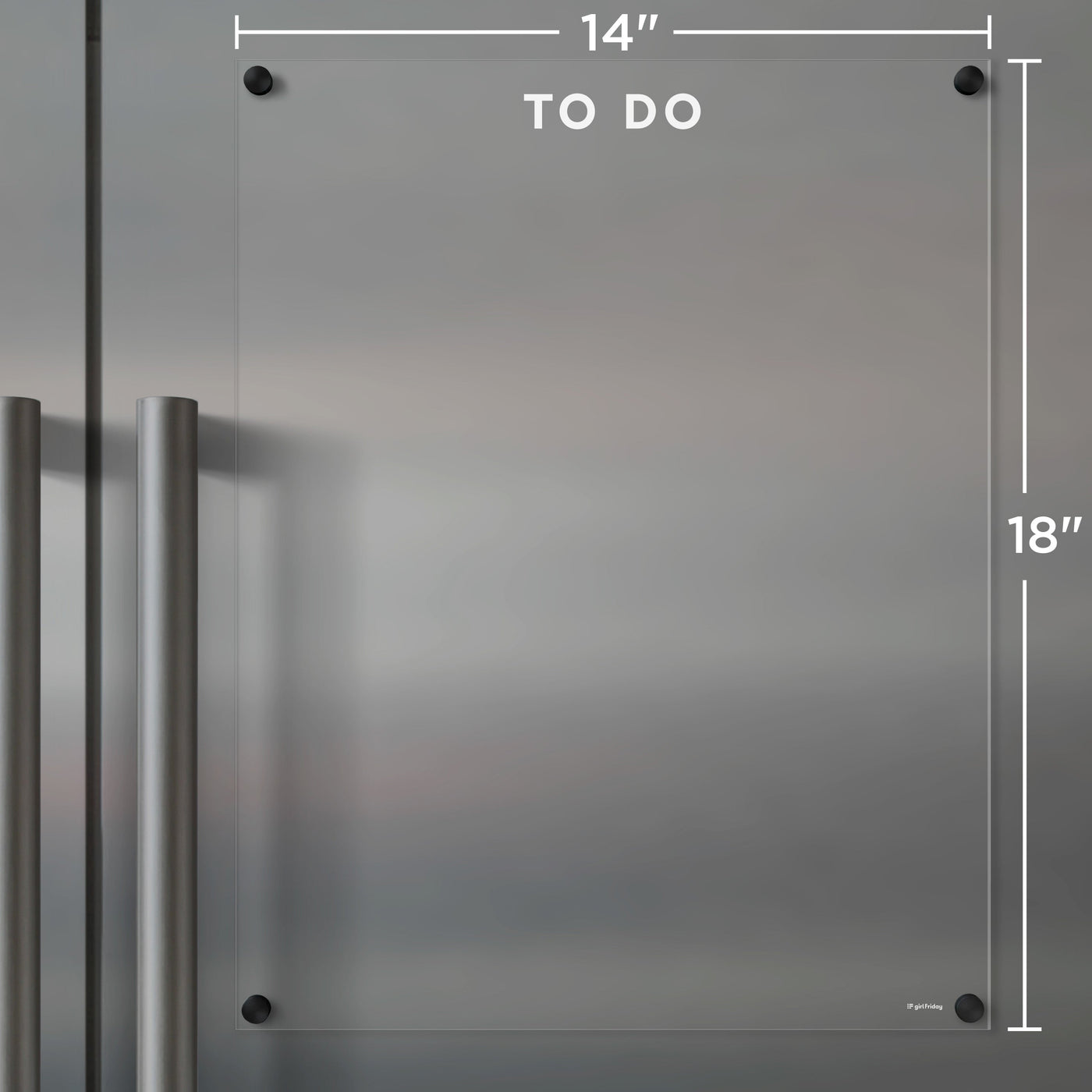 The Clear Acrylic Fridge To Do List by Girl Friday offers customization with white text. This 14x18 board rests on stainless steel, features a TO DO label at the top, and attaches with four black fasteners. Ideal for notes with wet-erase markers.
