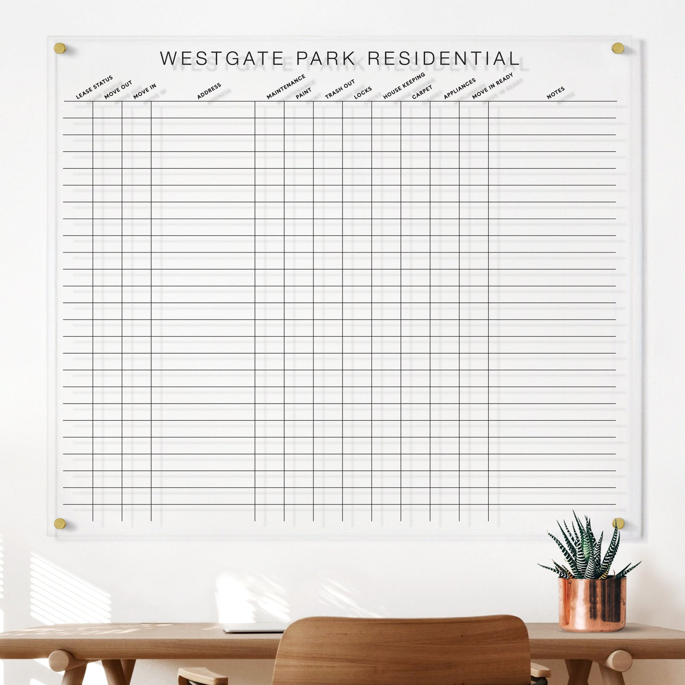 Property Management Horizontal Clear Acrylic Whiteboard