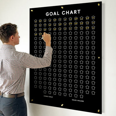 A man in a checkered shirt stands beside the Girl Friday Customizable Goal Chart, where he fills another outlined house icon. The black acrylic board prominently displays categories like HOMES SOLD and SALES VOLUME under the title GOAL CHART.
