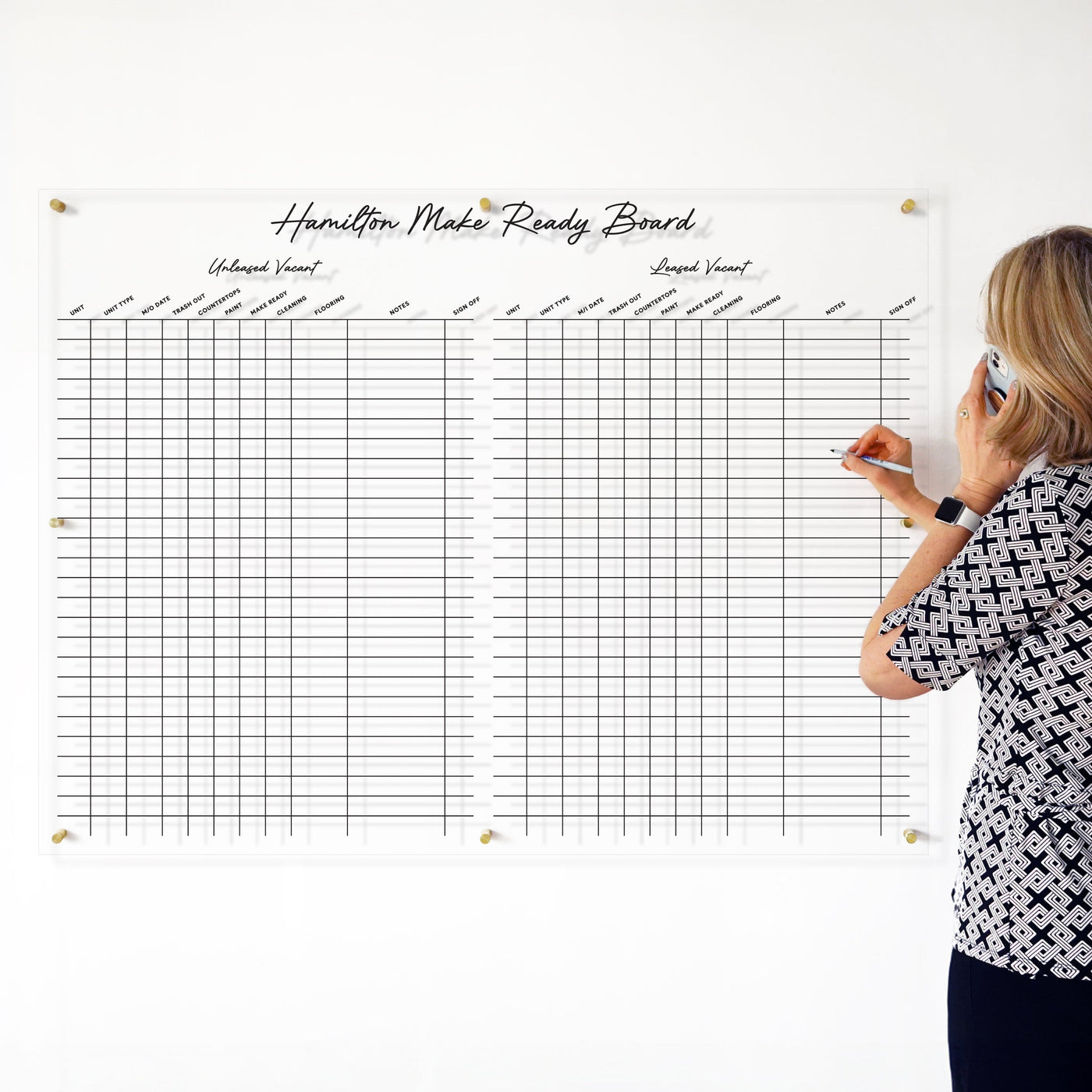 Property Management 2 Columns Clear Acrylic Whiteboard