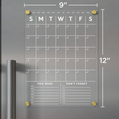 Clear Acrylic Fridge Calendar with customizable bottom sections and white text