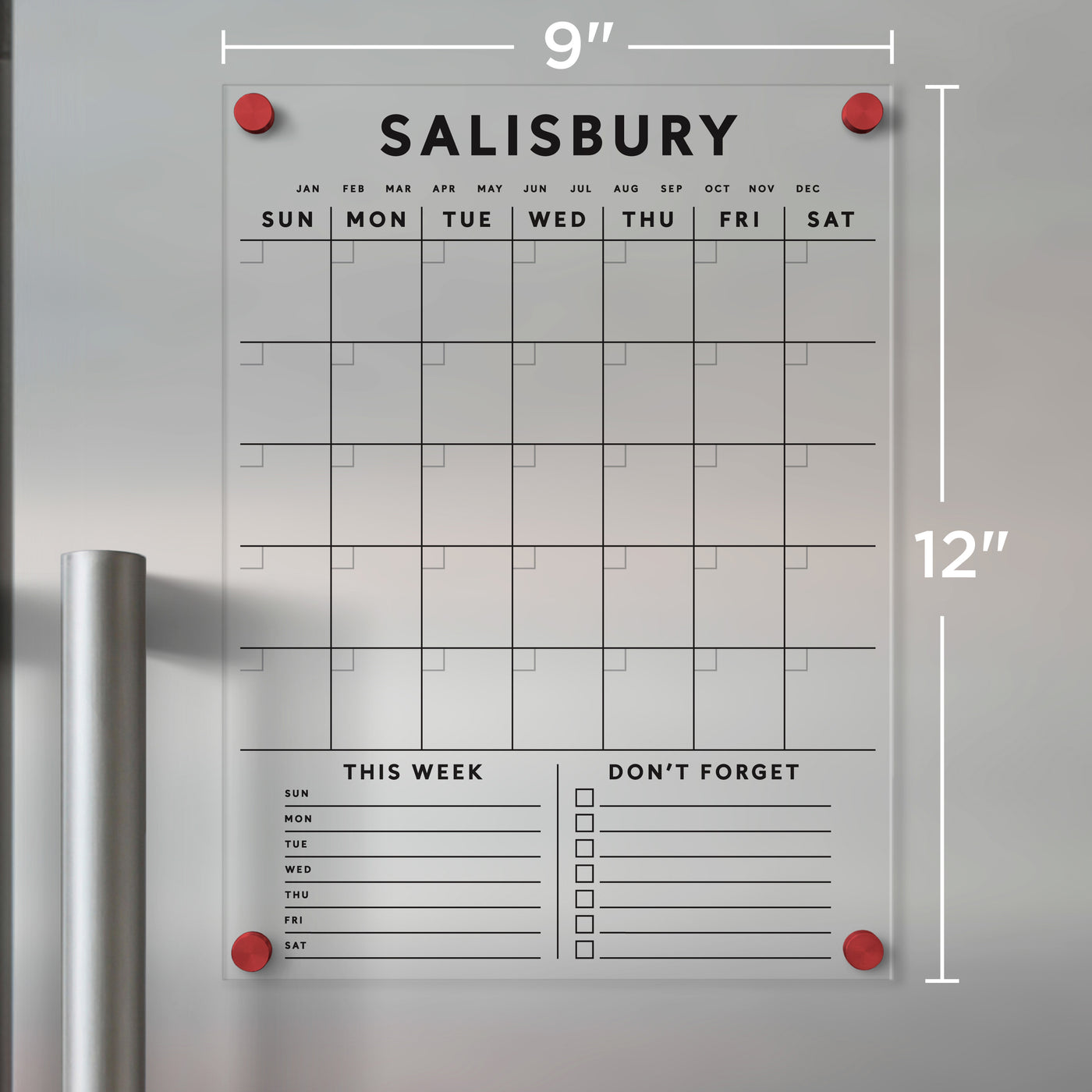 Clear acrylic FRIDGE calendar | Custom Family Name with customizable bottom sections