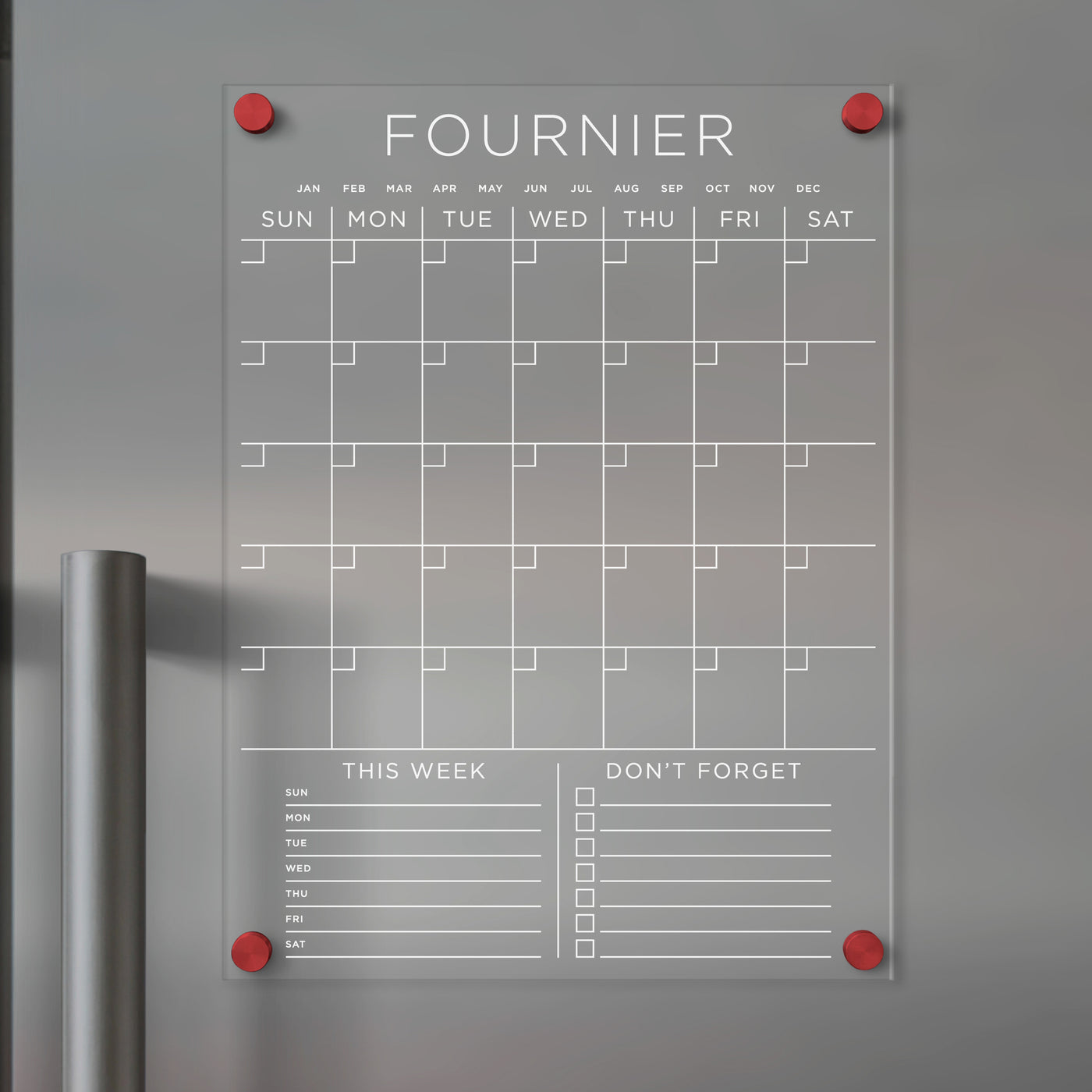 Acrylic Fridge Calendar with Custom Family Name White Text