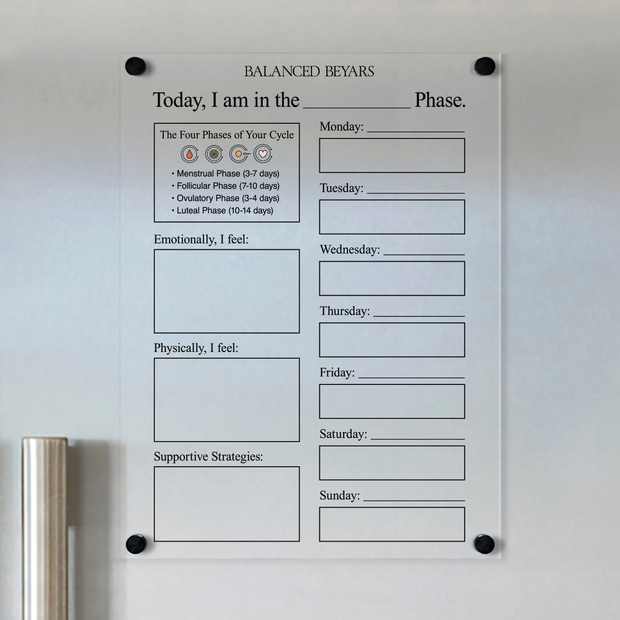 The Balanced Beyars Weekly Phase Board by Girl Friday is a wall-mounted tool for tracking menstrual cycles, emotions, physiological changes, and daily supportive strategies. It includes sections with icons representing each phase.