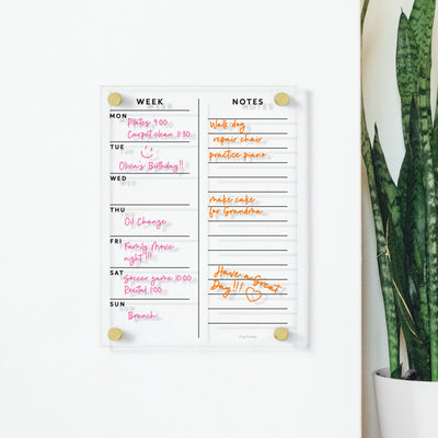 Week and Notes wall calendar | Customizable | Dry Erase acrylic board