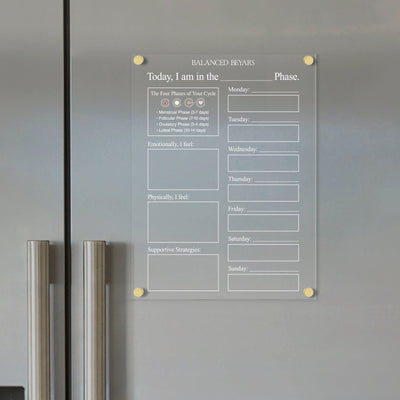 The Balanced Beyars Weekly Phase Board by Girl Friday, a transparent planner for your fridge, outlines The Four Phases of Your Cycle for menstrual tracking and features a section to log emotional and physical states titled Today, I am in the _ Phase.