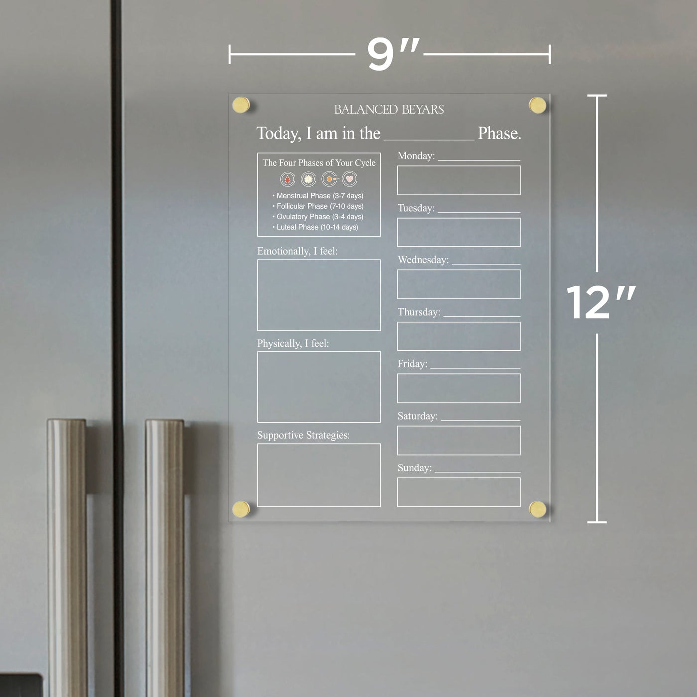 The Balanced Beyars Weekly Phase Board by Girl Friday is a 9x12 inch glass board for your fridge, featuring sections to track emotional and physical feelings, supportive strategies, and the menstrual cycle.