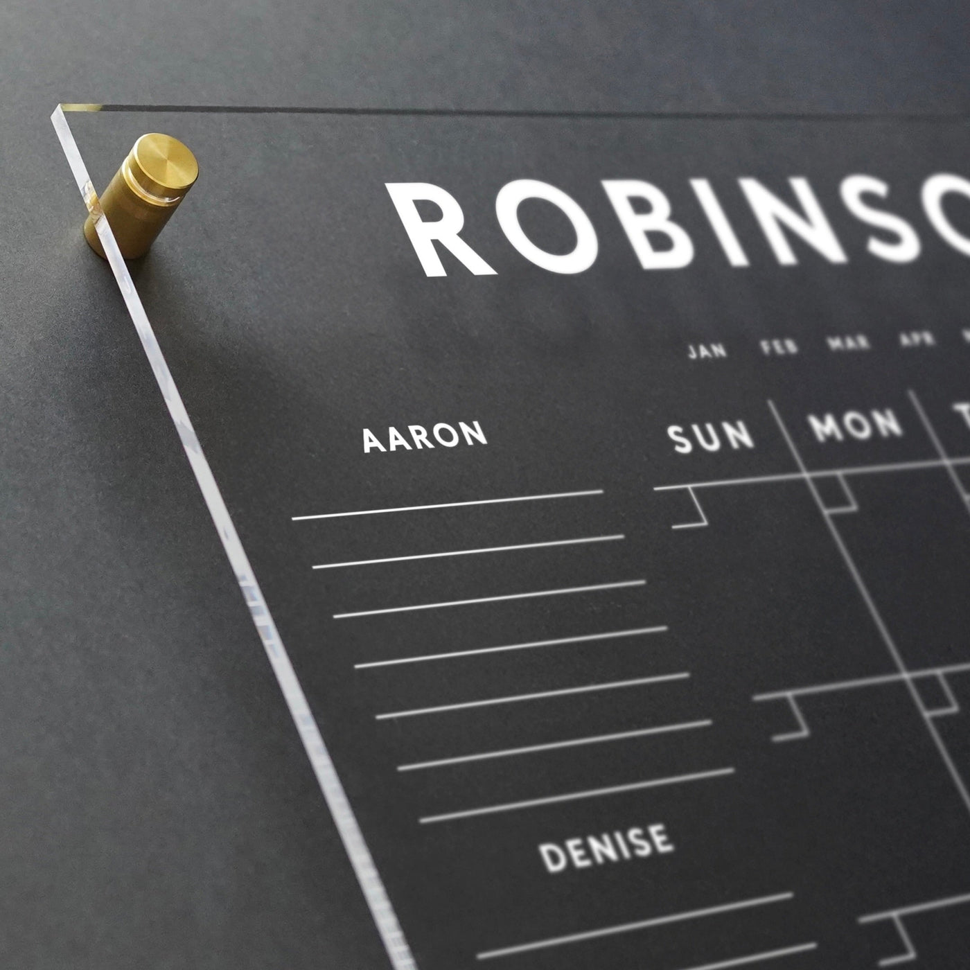 Close-up of Girl Fridays Clear Acrylic Customizable Family Command Center with AARON and DENISE next to weekly columns. The title ROBINSON tops it, months listed below. Secured by brass bolts, perfect for wet-erase markers, it enhances home organization.