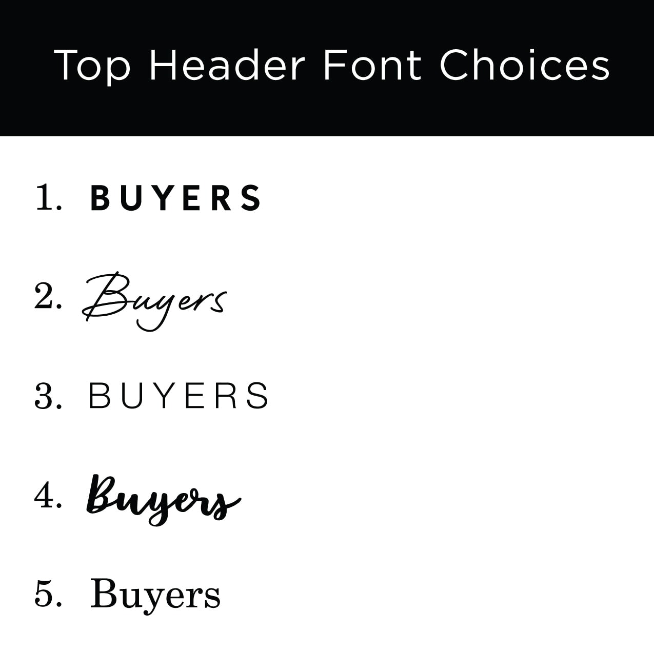 Discover Buyers in five distinct styles: bold sans-serif, cursive, uppercase sans-serif, bold script, and serif. Ideal for adding elegance to your Girl Friday Shops Real Estate Framed Whiteboard with an acrylic writing surface.