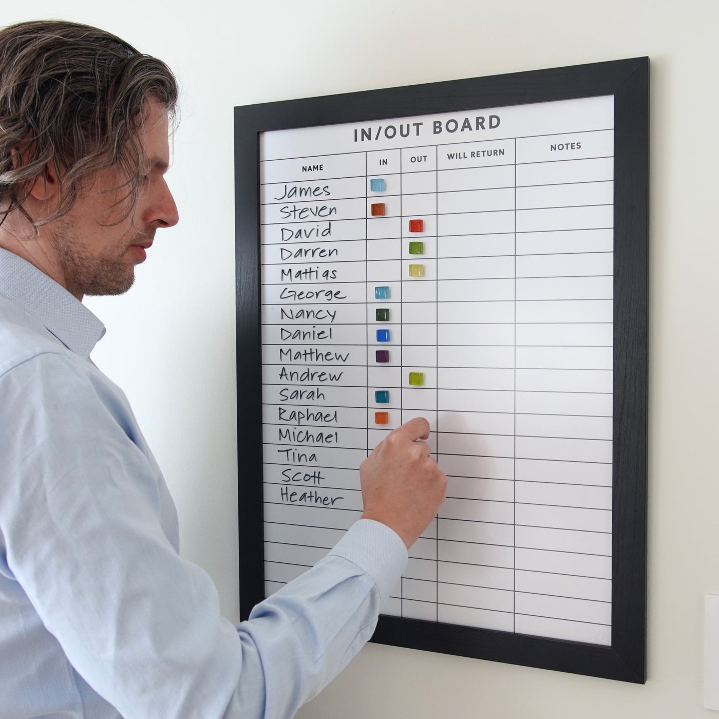 Framed In and Out Magnetic Staff Board | Multi-colored magnets included