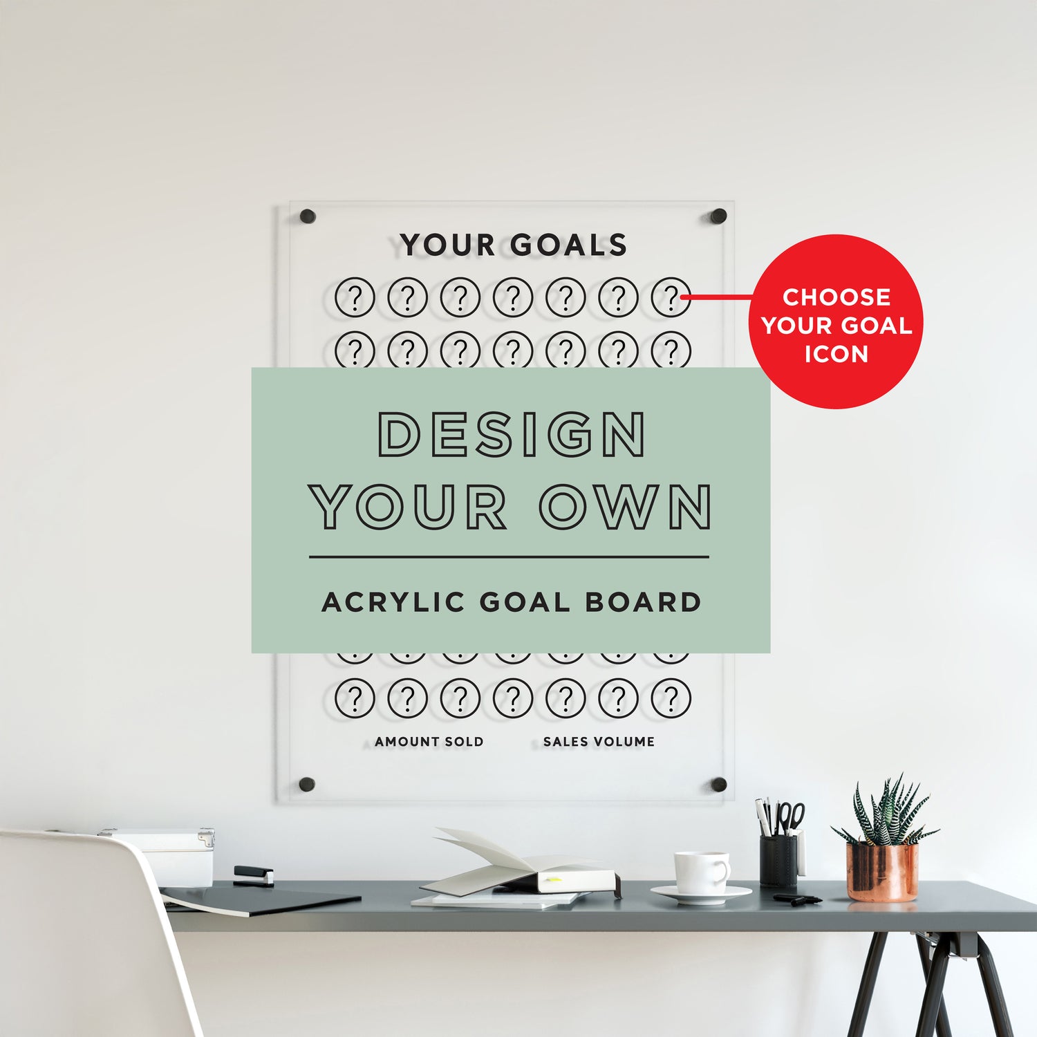 Acrylic goal board with customizable options on a desk setup.