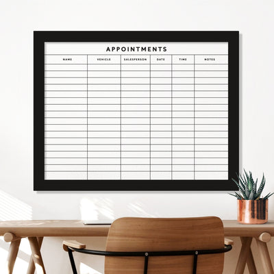 24 X 18 Car Dealership Appointment Schedule for Salespeople | Framed Whiteboard