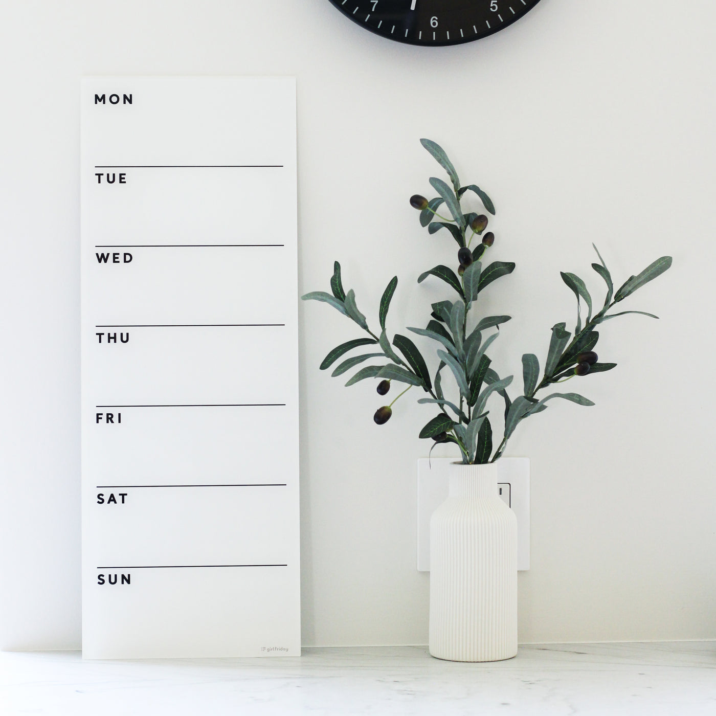 Dry erase wall calendar, perfect for propping against the wall or non-magnetic fridge