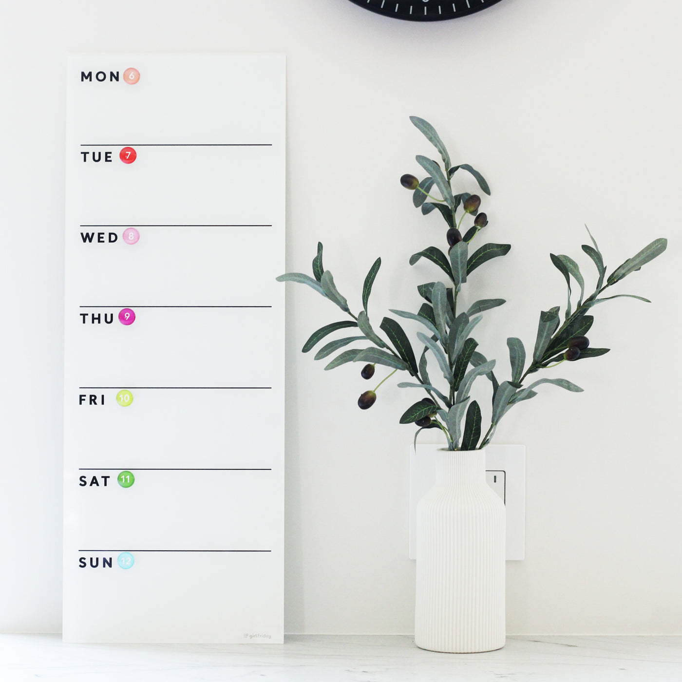 Dry erase wall calendar, perfect for propping against the wall or non-magnetic fridge