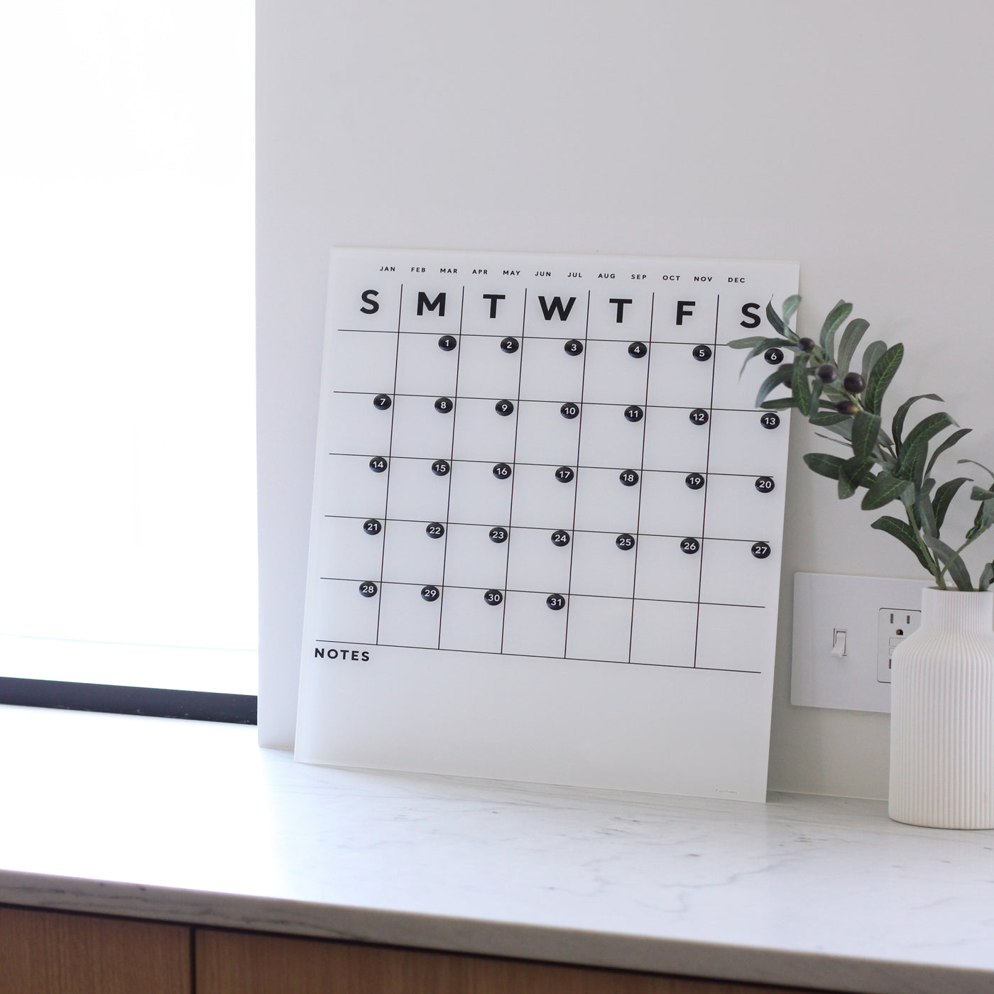 White Acrylic Monthly Calendar | Bottom Notes | Mount Free