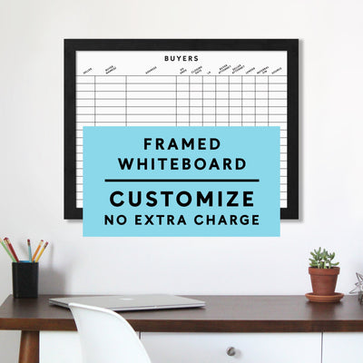 A minimalist workspace includes a white desk, pencils in a holder, and a small plant. The wall features Girl Friday Shops Real Estate Framed Whiteboard labeled Buyers, which can be customized at no extra charge—ideal for sleek real estate boards or personal needs.