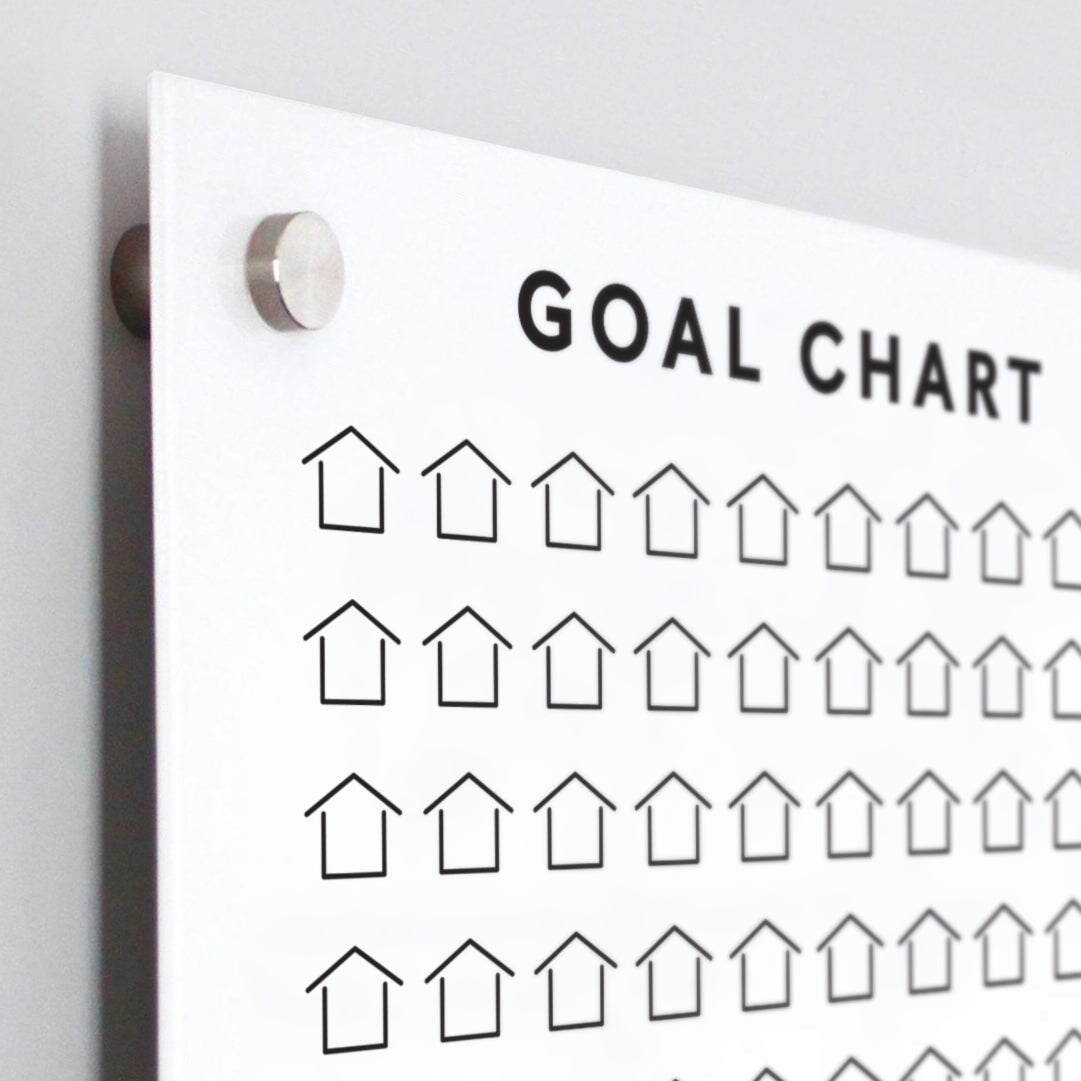 Close-up of a Girl Friday Goal Chart | Sales Tracker for Real Estate featuring empty, house-shaped boxes for tracking progress. The white acrylic board is wall-mounted with metallic standoffs.