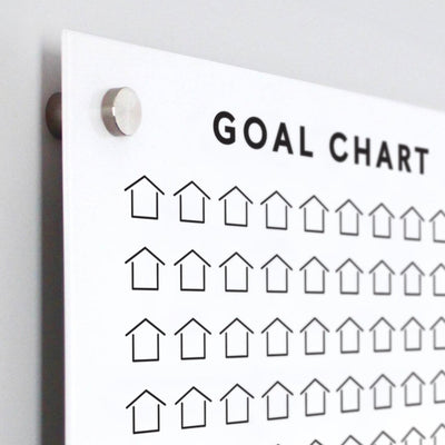 Close-up of a Girl Friday Goal Chart | Sales Tracker for Real Estate featuring empty, house-shaped boxes for tracking progress. The white acrylic board is wall-mounted with metallic standoffs.