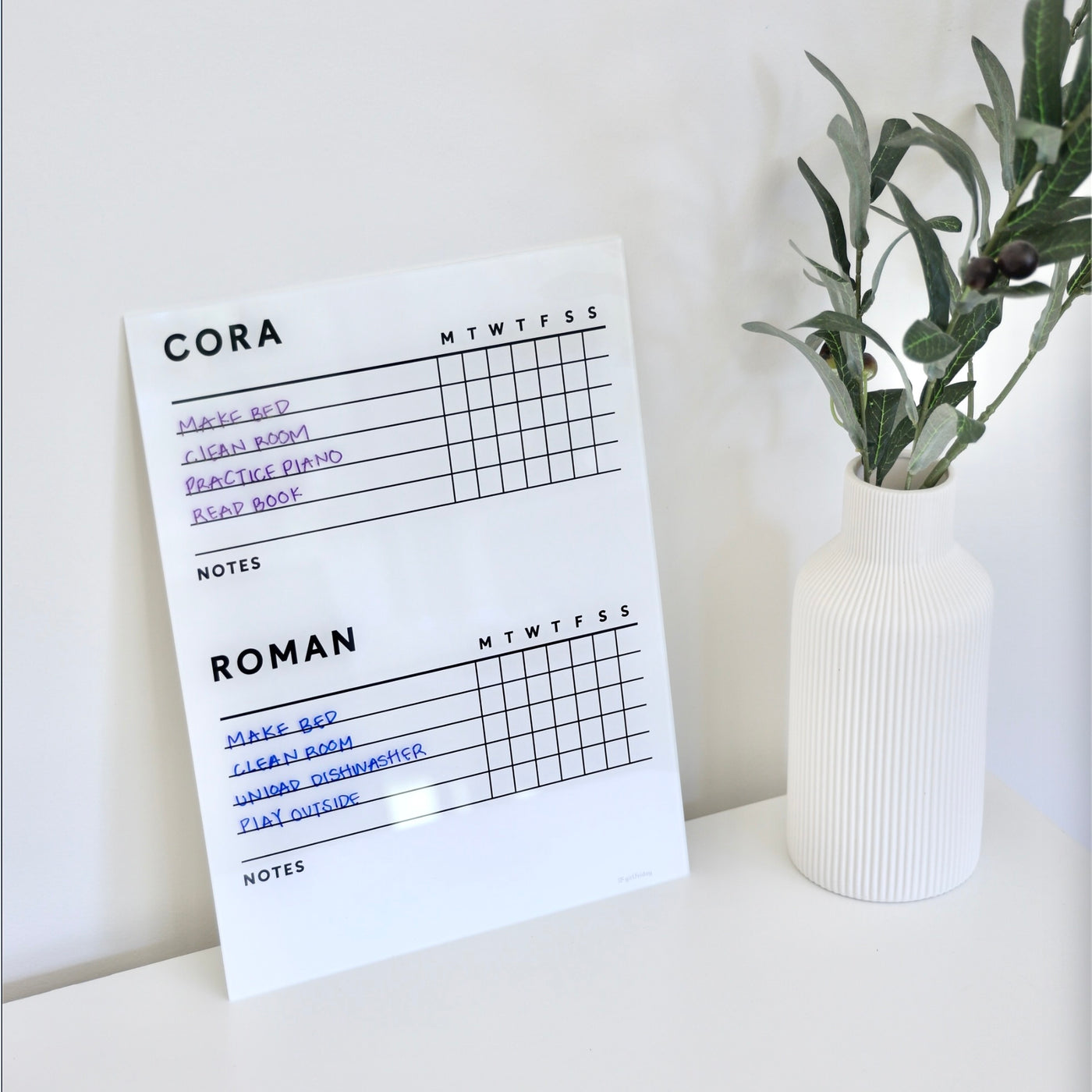 White Acrylic Chore Chart | Customizable | No hardware required