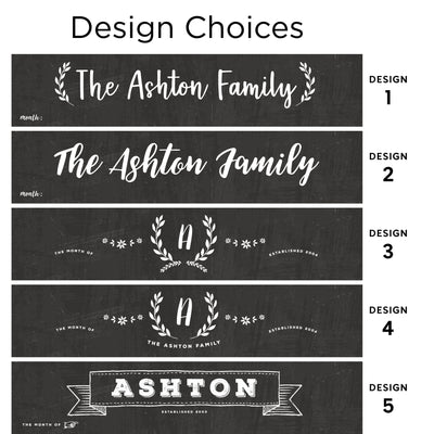 Explore five personalized family sign designs on the 24 x 36 Large Vertical Chalkboard by CalendarGirlCompany, ideal for chalk ink markers. Designs feature The Ashton Family with laurel branches and vintage accents, customizable frames, and are numbered 1-5 for easy comparison.