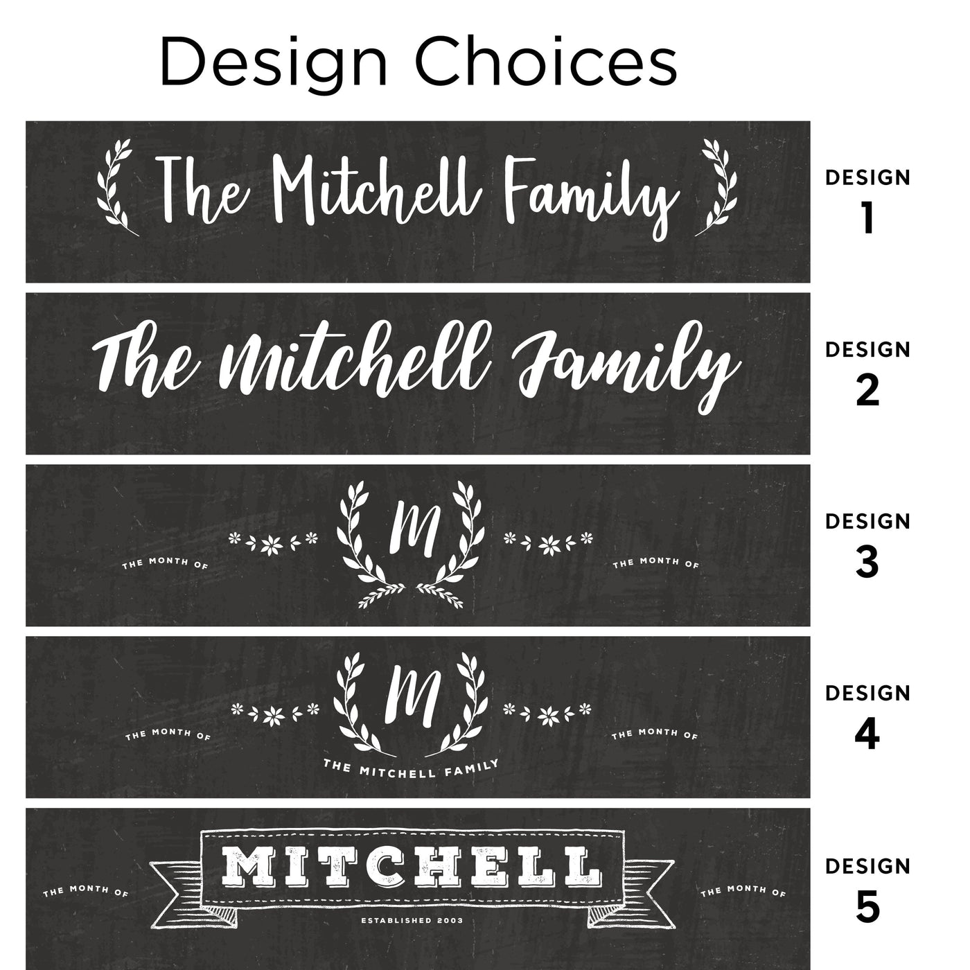 Discover five unique design options for the 36 x 24 Framed Chalkboard Calendar by CalendarGirlCompany, featuring The Mitchell Family with an initial M. Each design, from Design 1 to 5, elegantly incorporates decorative elements like laurel wreaths or banners and offers easy customization.