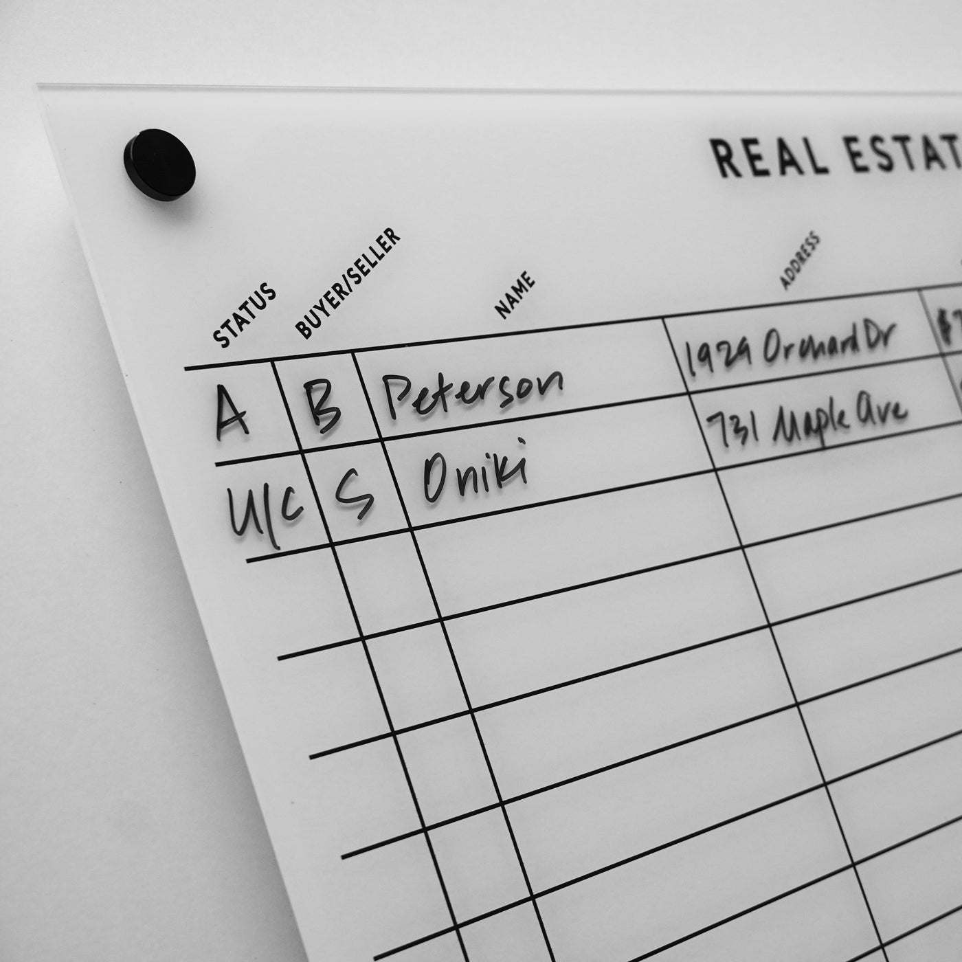 White Acrylic Real Estate Pipeline Dry Erase Board