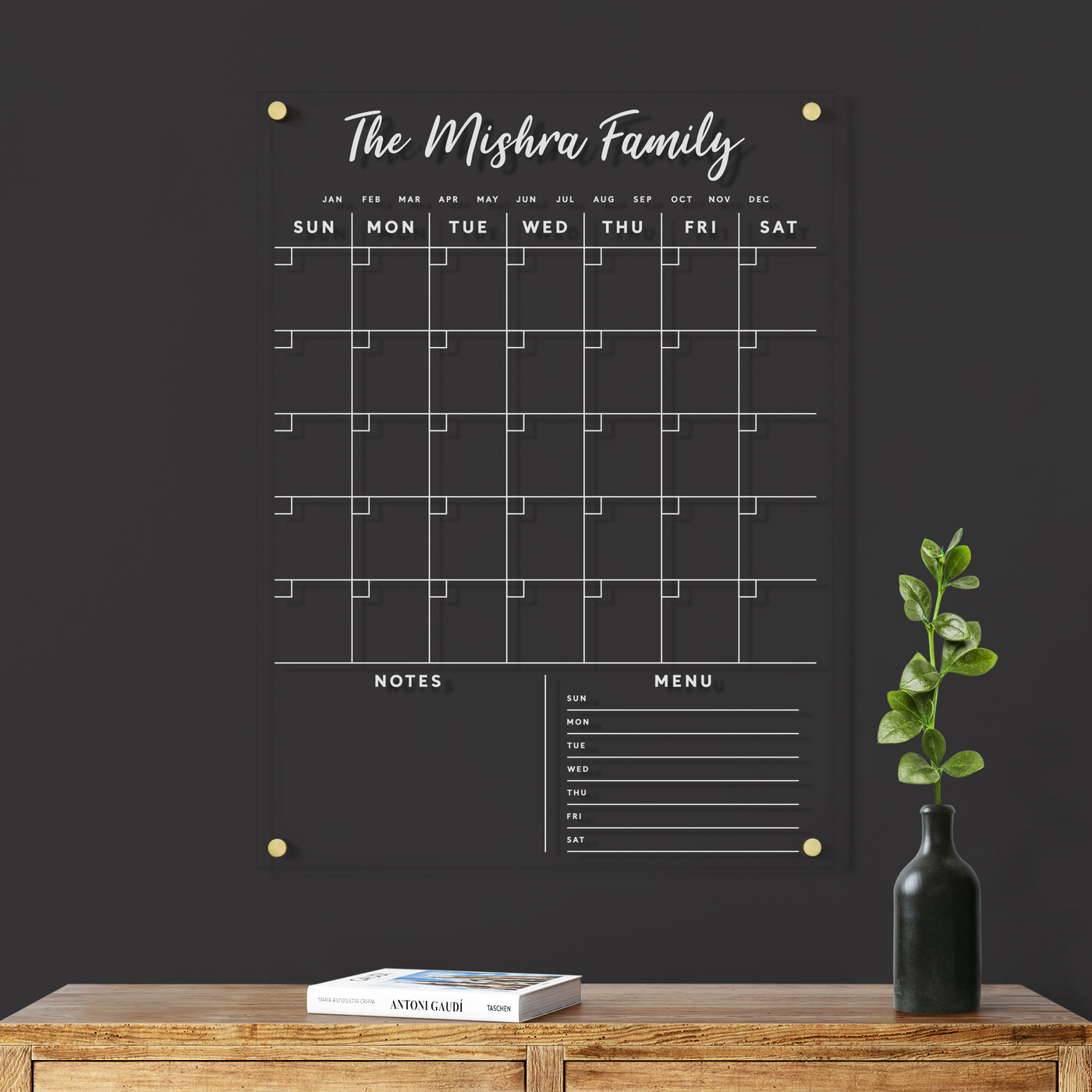 Acrylic Calendar with family name and bottom section - White text