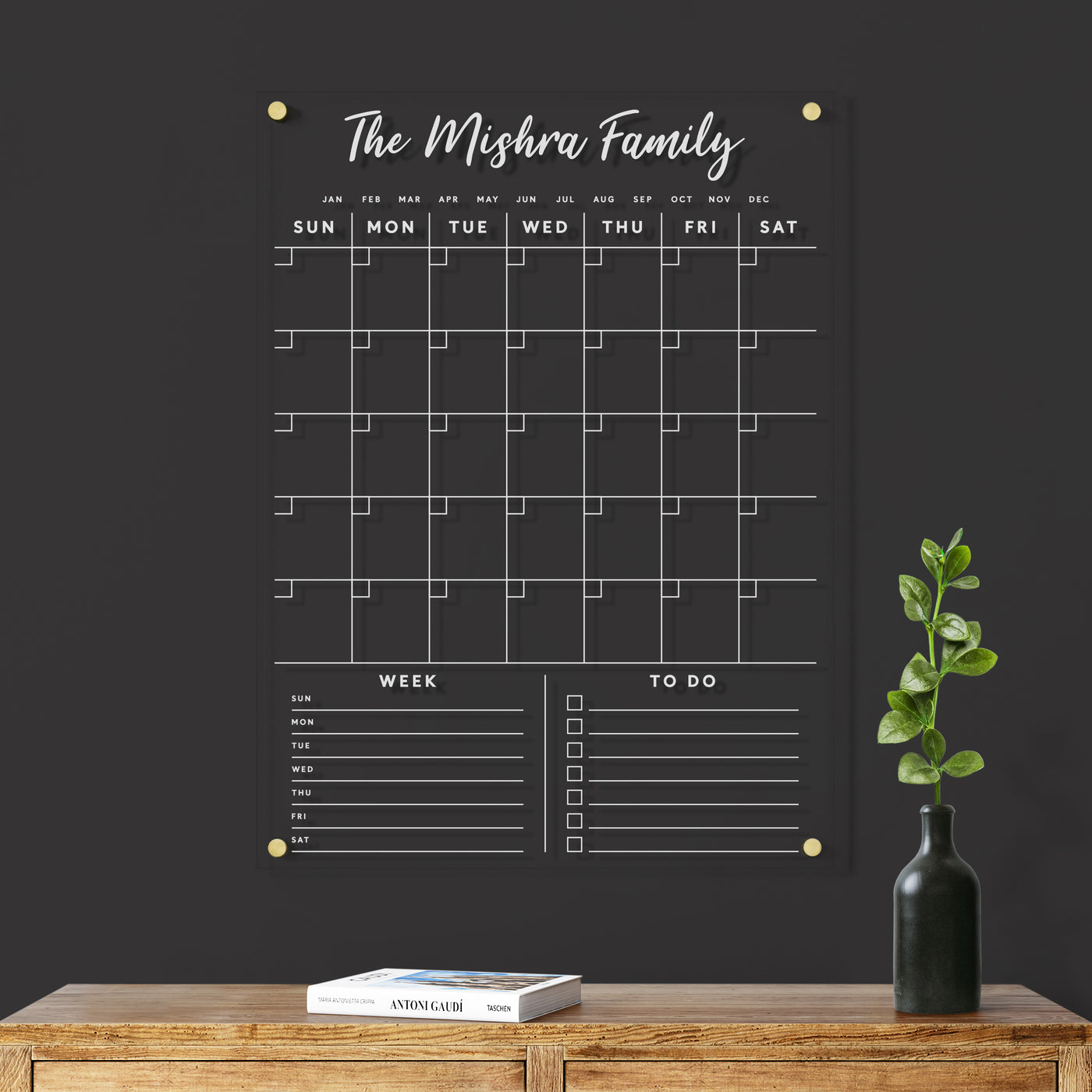 Acrylic Calendar with family name and bottom section - White text