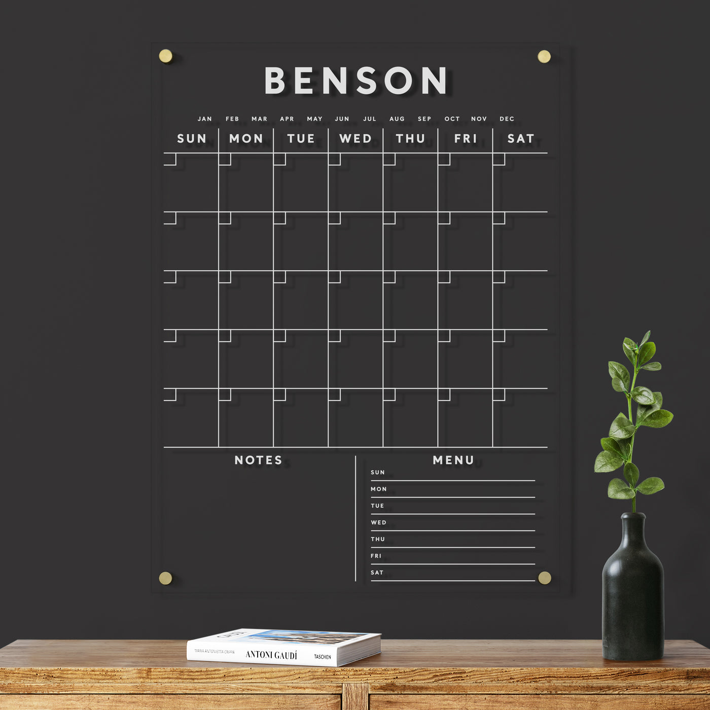 Acrylic Calendar with family name and bottom section - White text