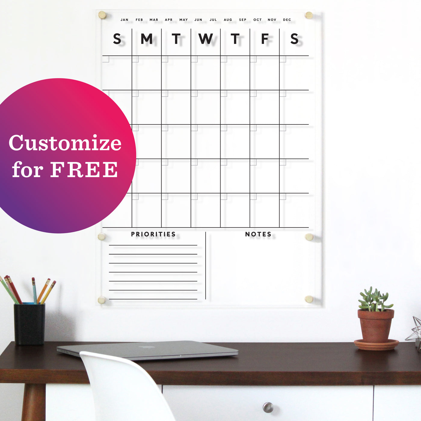 Acrylic Calendar with bottom notes CUSTOMIZABLE - Dry Erase Calendar - Lucite Calendar