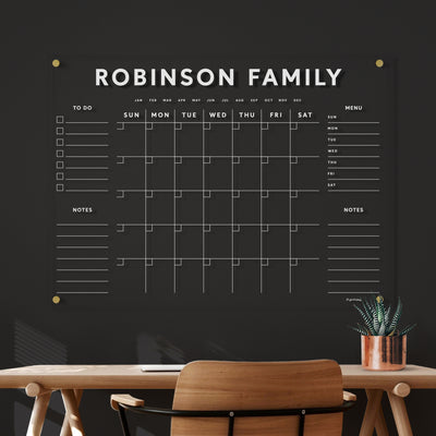 Acrylic Calendar with Family Name - Dry Erase Calendar for wall with white text