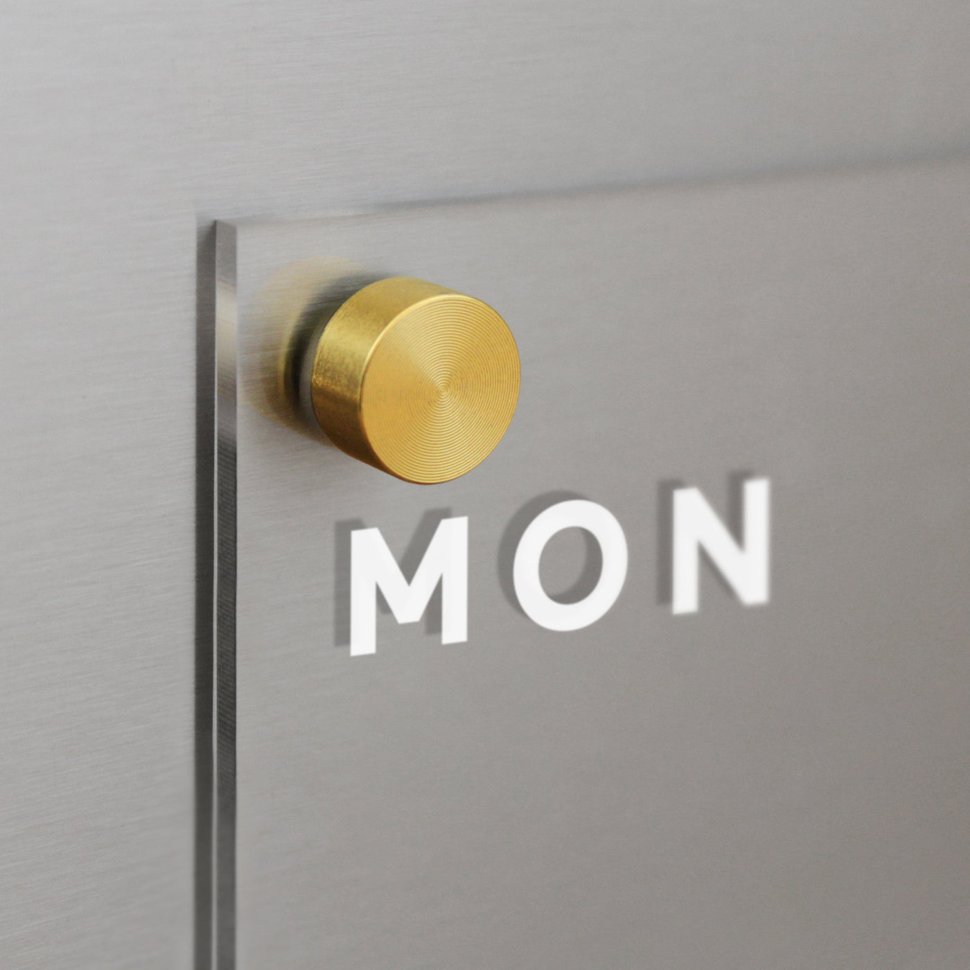A close-up photo features a wall fixture: a clear acrylic sheet like the Acrylic Fridge Planner by Girl Friday, with MON displayed. Its mounted using a round, gold-colored metal post against a brushed metal background.