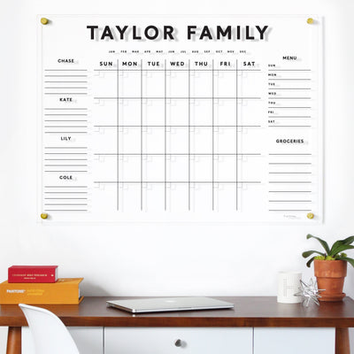 Acrylic Calendar Family Name with Chore Charts - Dry Erase Calendar for wall